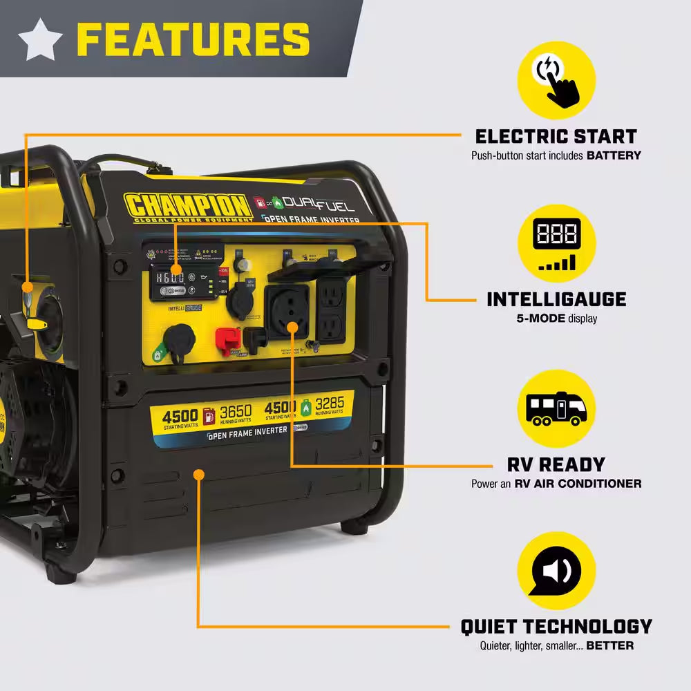 4500/3650-Watt Electric Switch Gasoline/Propane Open Frame Inverter Portable Generator W/ Quiet Technology and CO Shield