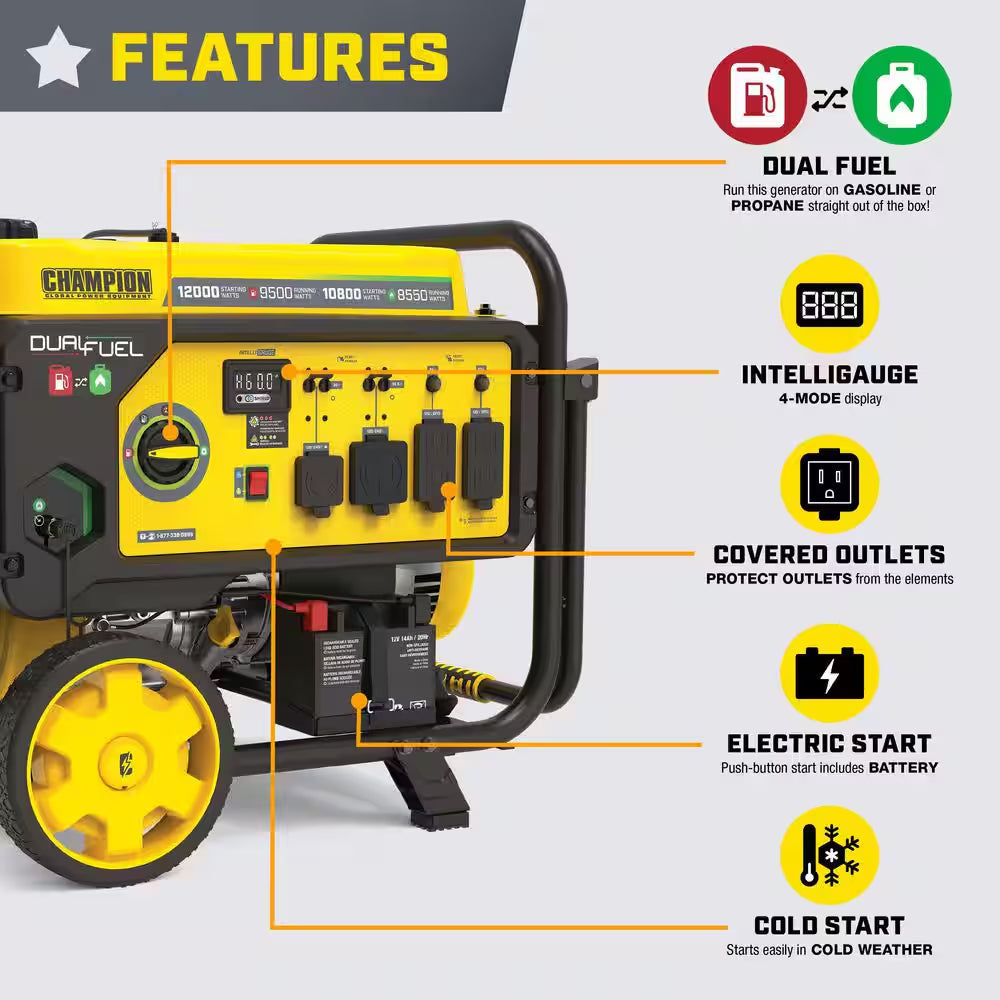 12,000/9,500-Watt Electric Start Dual Fuel Gasoline and Propane Home Backup Portable Generator, Free 3-Year Warranty