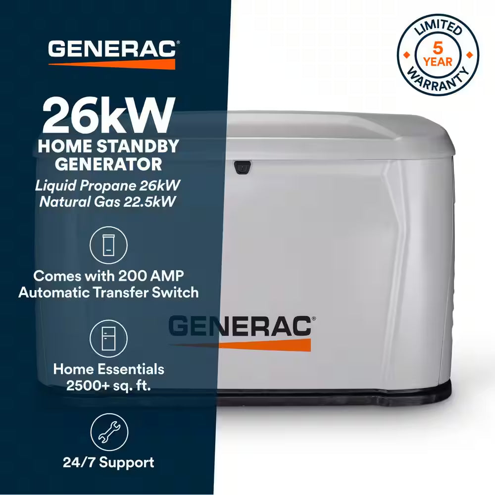 26,000 Watt Air-Cooled Whole House Home Standby Generator and 200-AMP Transfer Switch