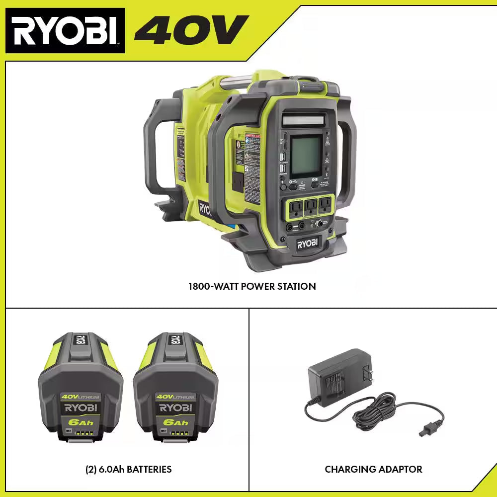 40V 1800-Watt Portable Battery Inverter Power Station and 4-Port Charger with (2) 6.0 Ah Batteries