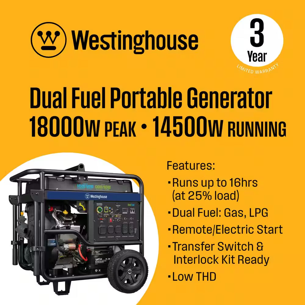 18,000/14,500-Watt Dual Fuel Gas and Propane Portable Generator with Remote Electric Start, Low THD, and 50 Amp Outlet