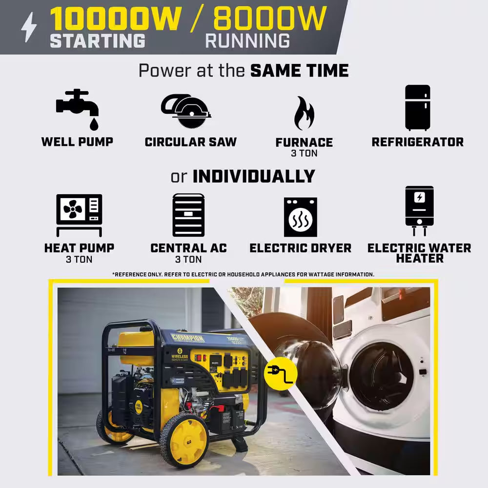 10000/8000-Watt Wireless Remote Electric Start Gasoline Powered Portable Generator with CO Shield