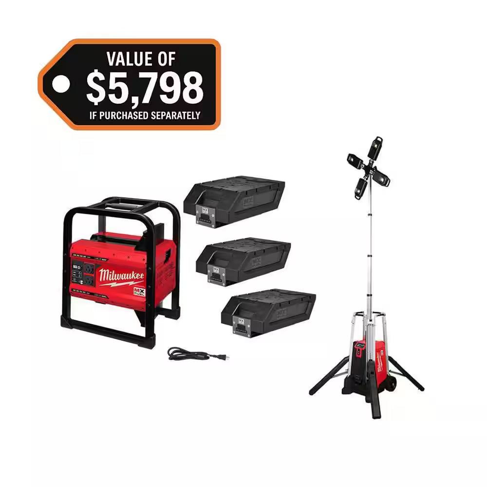 MX FUEL 3600-Watt/1800-Watt Push Start Battery Powered Generator & Rocket Stand Light with 3 XC Batteries and Charger