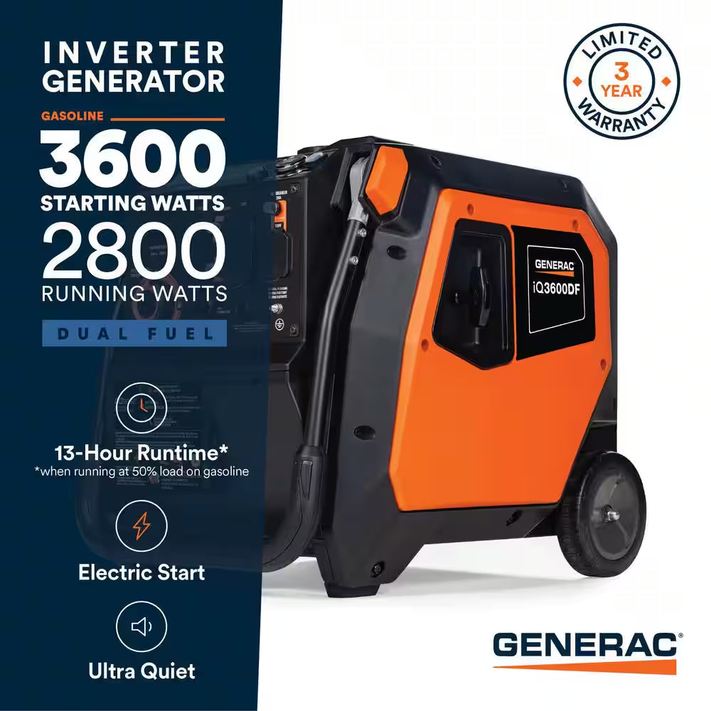 3600 / 3000-Watt Dual Fuel Electric Switch Gasoline / Propane Inverter Portable Generator with Cosense-Iq3600 DF