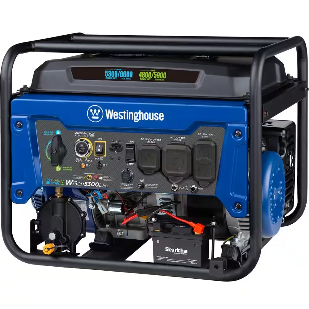 6,600/5,300-Watt Dual Fuel Gas and Propane Powered Portable Generator with Remote Electric Start, 30A 120/240V Outlet