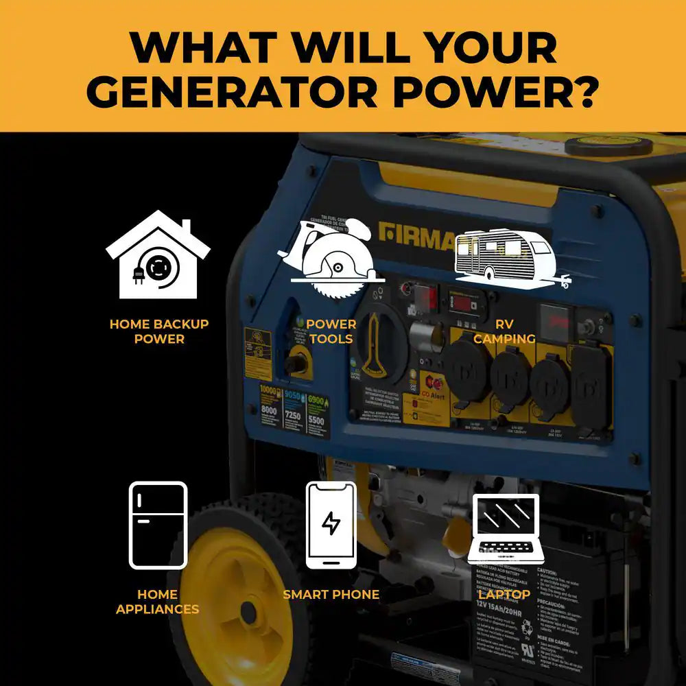10,000-Watt/8,000-Watt Tri-Fuel Portable Generator with Electric Start, Transfer Switch Outlet and CO Alert Technology