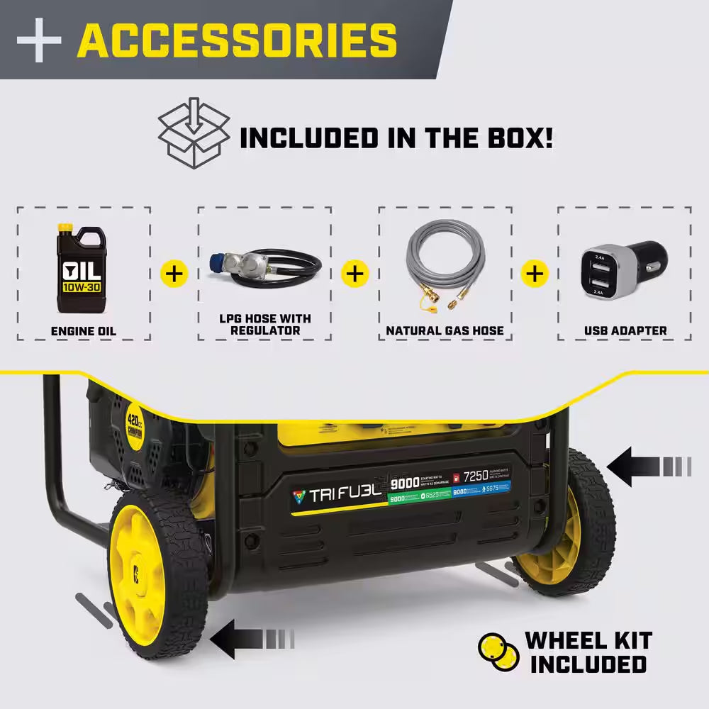 9000-Watt Electric Start Gasoline Propane and Natural Gas Tri Fuel Open Frame Inverter Generator, CO Shield, NG/LPG Hose