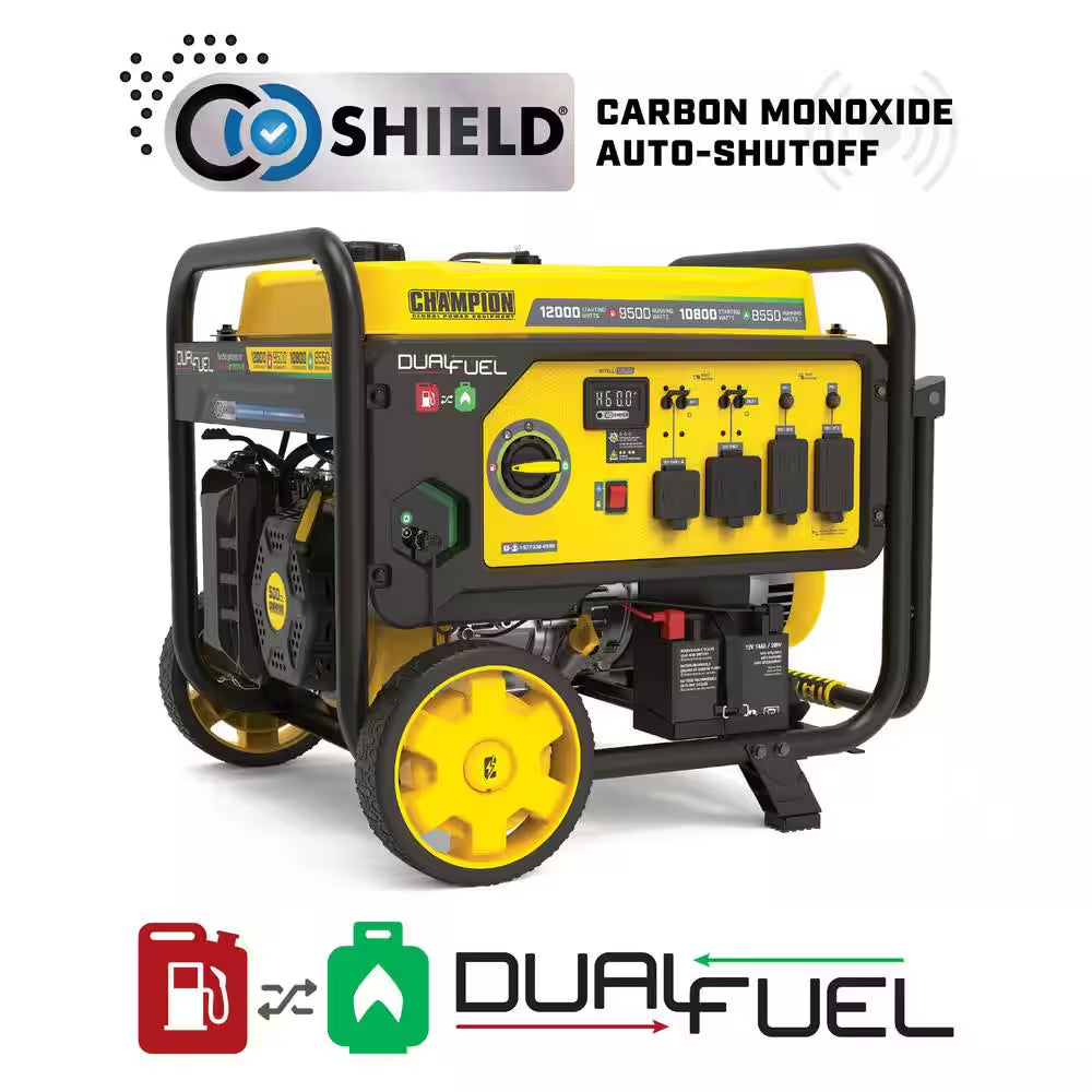 12,000/9,500-Watt Electric Start Dual Fuel Gasoline and Propane Home Backup Portable Generator, Free 3-Year Warranty