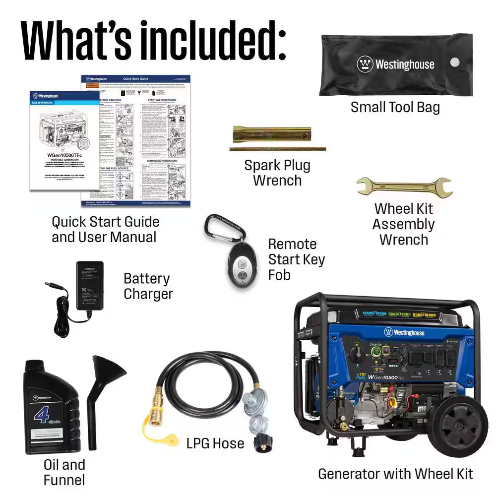 13,500/10,500-Watt Tri-Fuel Gas, Propane, Natural Gas Powered Portable Generator with Remote Electric Start, 50A Outlet