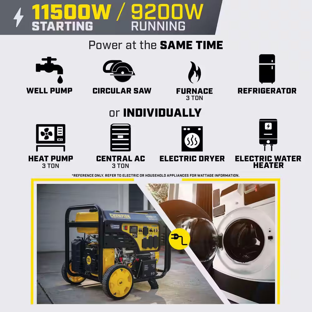 11500/9200-Watt, Electric Start, Gasoline Powered Portable Generator with CO Shield