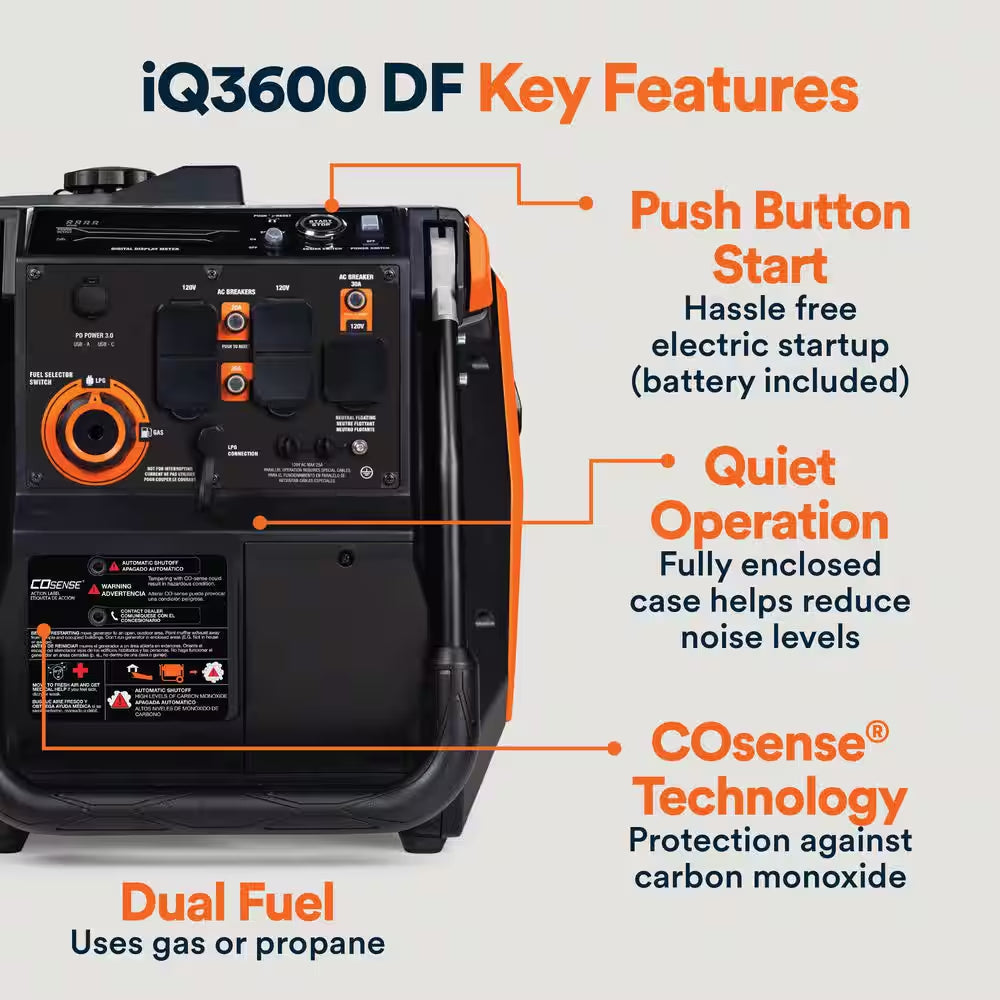 3600 / 3000-Watt Dual Fuel Electric Switch Gasoline / Propane Inverter Portable Generator with Cosense-Iq3600 DF