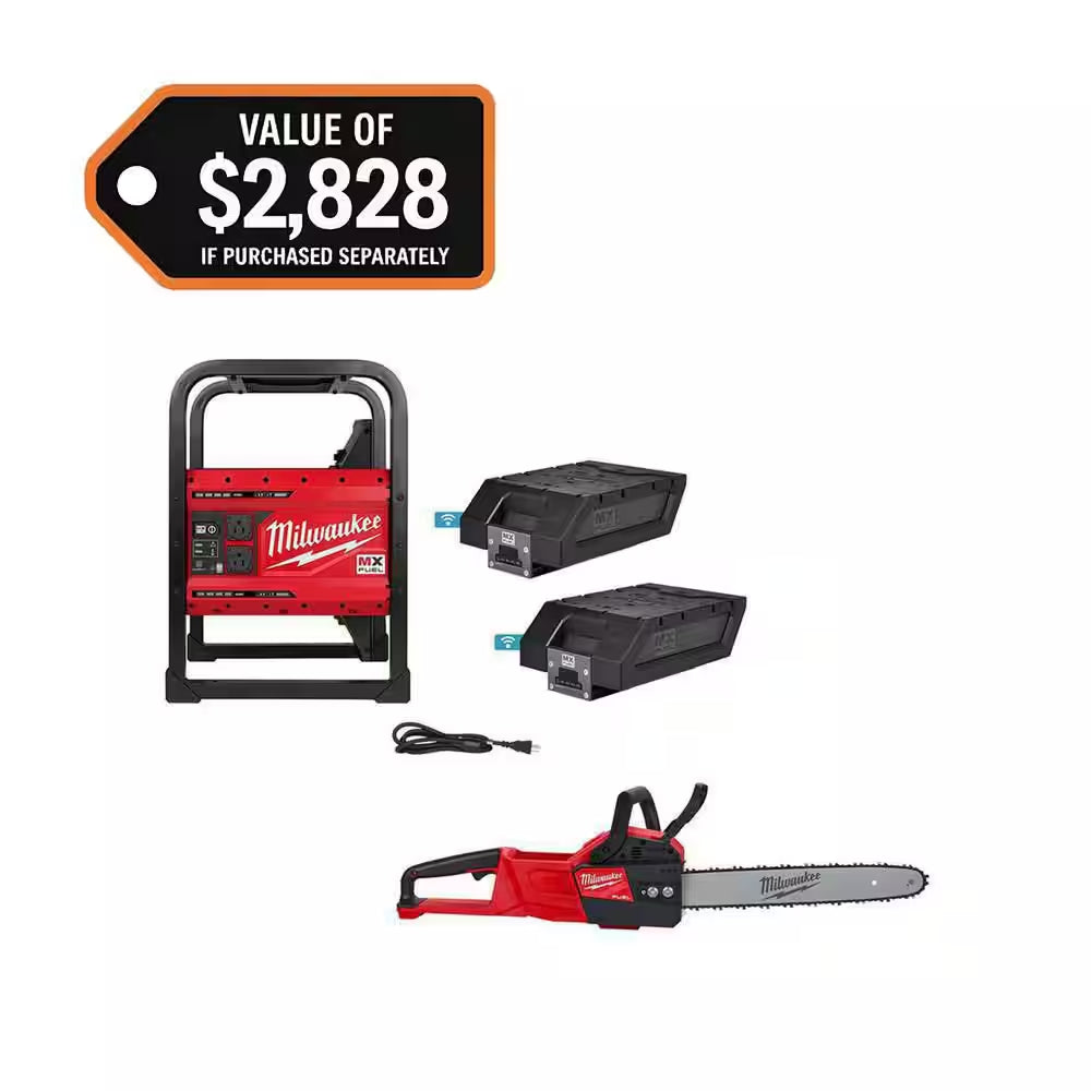 MX FUEL 3600-Watt/1800-Watt Lithium-Ion Battery Push Start Portable Power Station Battery Generator & 16 In. Chainsaw