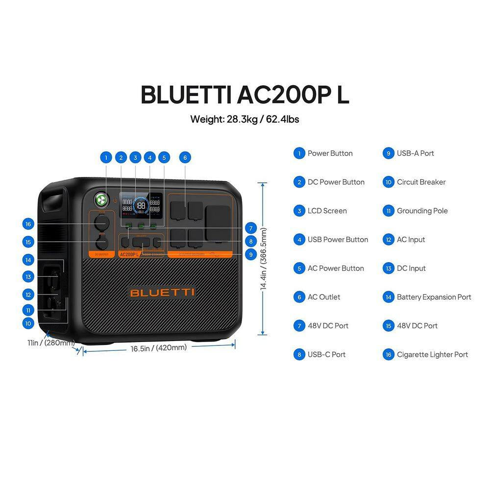 2400/3600-Watt Continuous Peak Output Power Station AC200PL Push Button Start Lifepo4 Battery Generator/200W Solar Panel