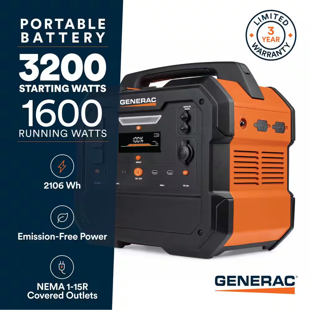 1600W Output / 3200 Peak 2106Wh Portable Battery Power Station with Push Button Start and Solar Charging - GB2000
