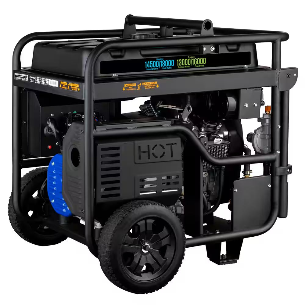 18,000/14,500-Watt Dual Fuel Gas and Propane Portable Generator with Remote Electric Start, Low THD, and 50 Amp Outlet