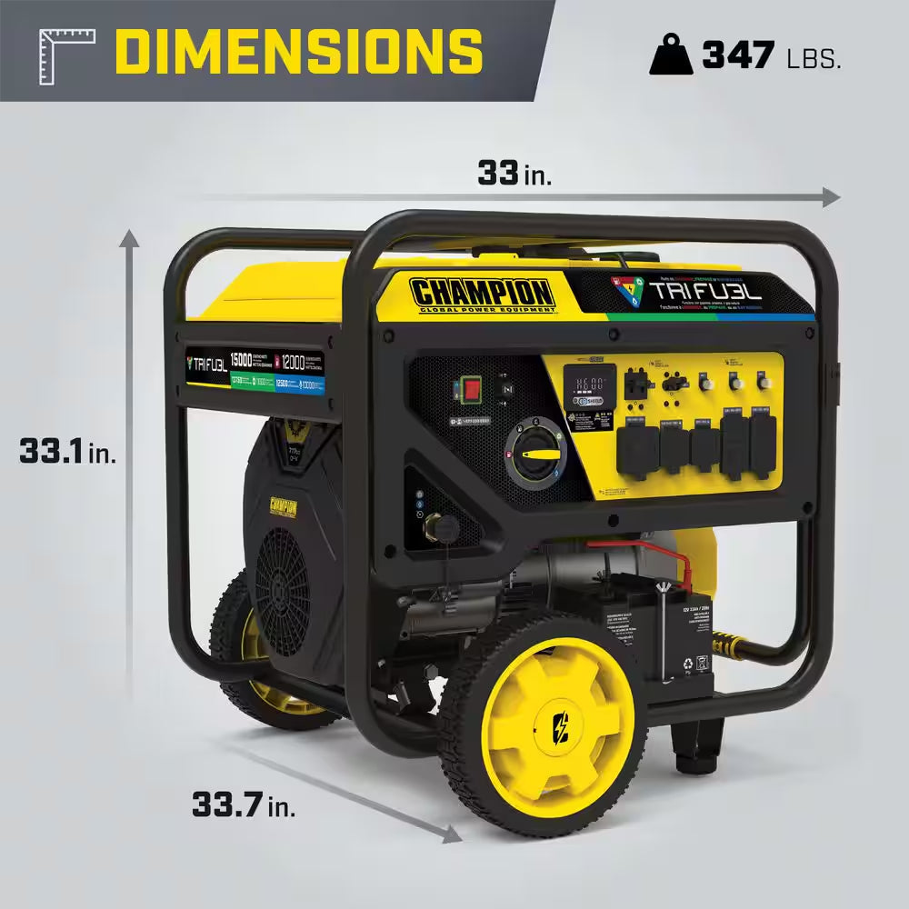 15,000/12,000-Watt Electric Start Gasoline Propane and Natural Gas Tri-Fuel Portable Generator, CO Shield, NG/LPG Hoses