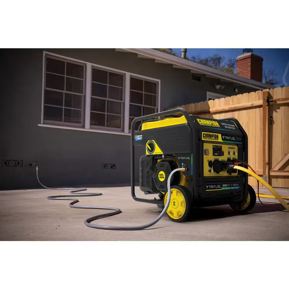 9000-Watt Electric Start Gasoline Propane and Natural Gas Tri Fuel Open Frame Inverter Generator, CO Shield, NG/LPG Hose