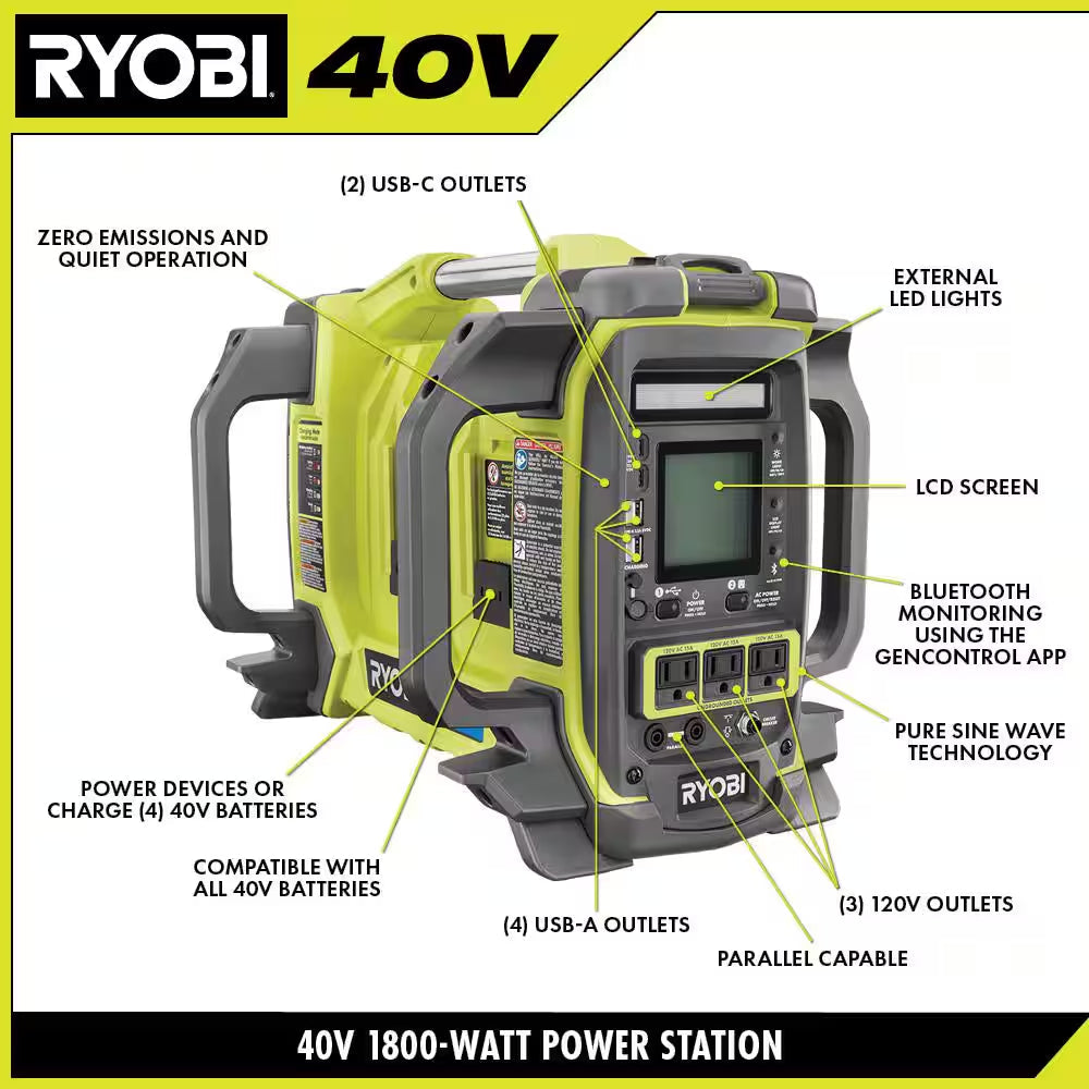 40V 1800-Watt Portable Battery Inverter Power Station and 4-Port Charger (Tool Only)