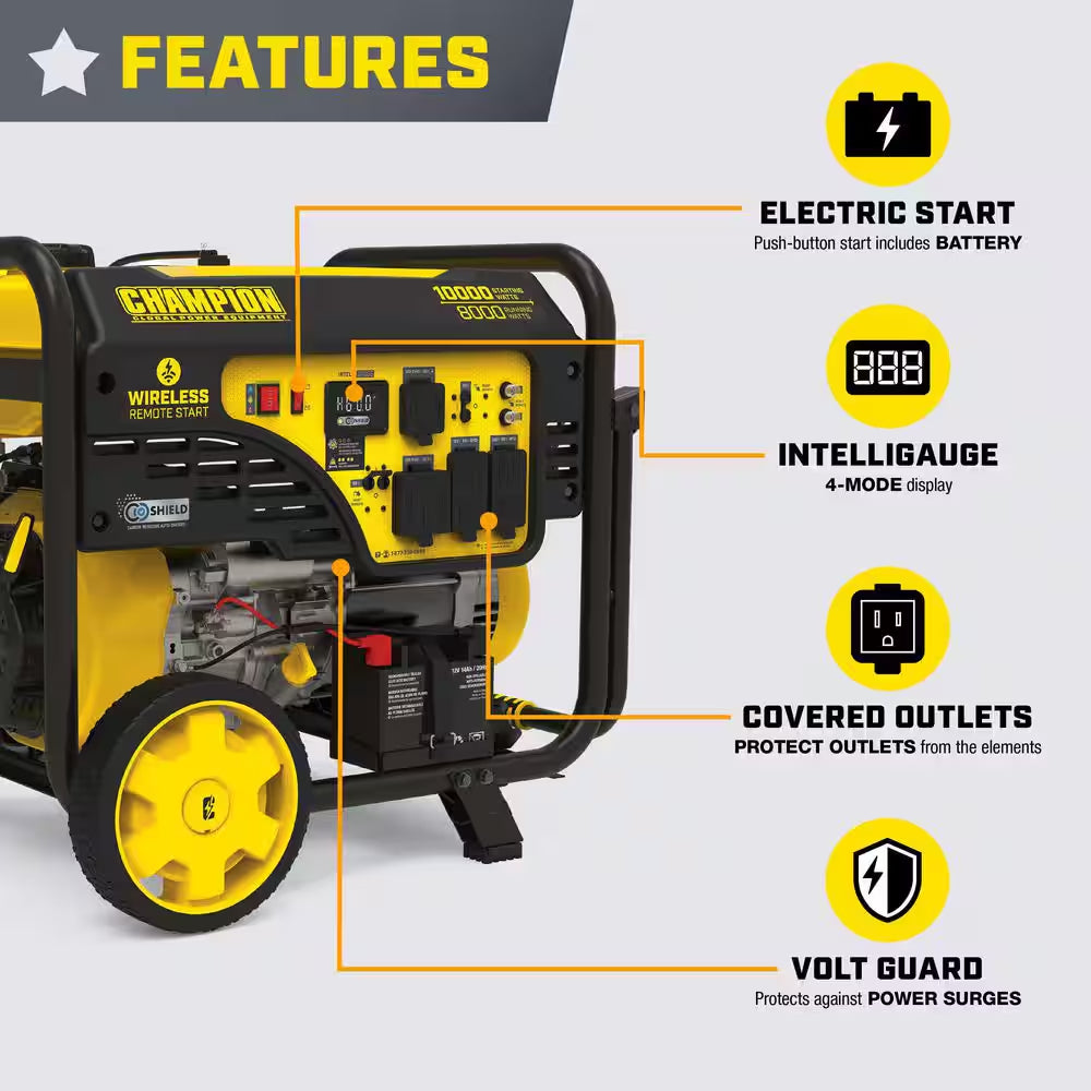 10000/8000-Watt Wireless Remote Electric Start Gasoline Powered Portable Generator with CO Shield