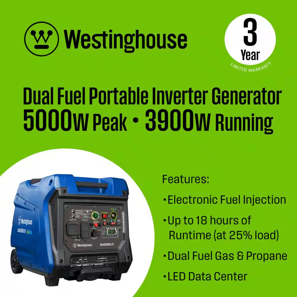 5,000-Watt Dual Fuel Gas and Propane Powered Portable Inverter EFI Generator with Remote Electric Start, LED Data Center