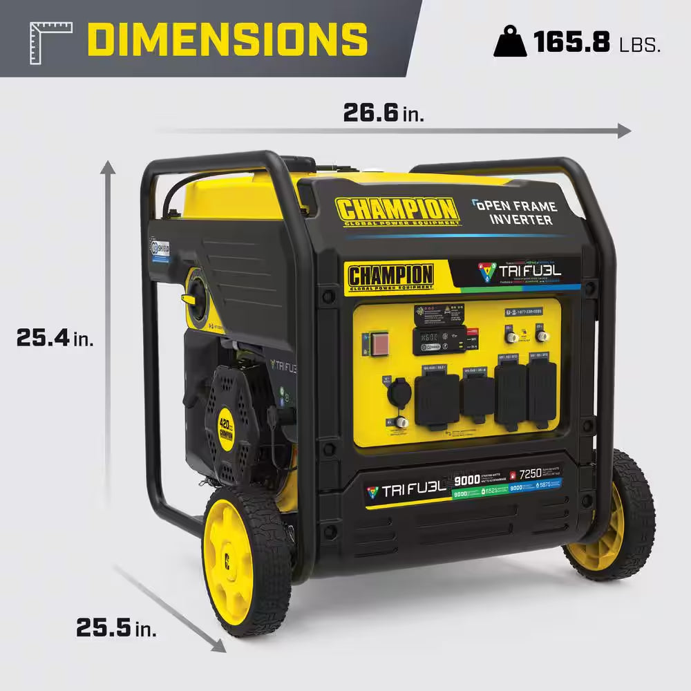 9000-Watt Electric Start Gasoline Propane and Natural Gas Tri Fuel Open Frame Inverter Generator, CO Shield, NG/LPG Hose