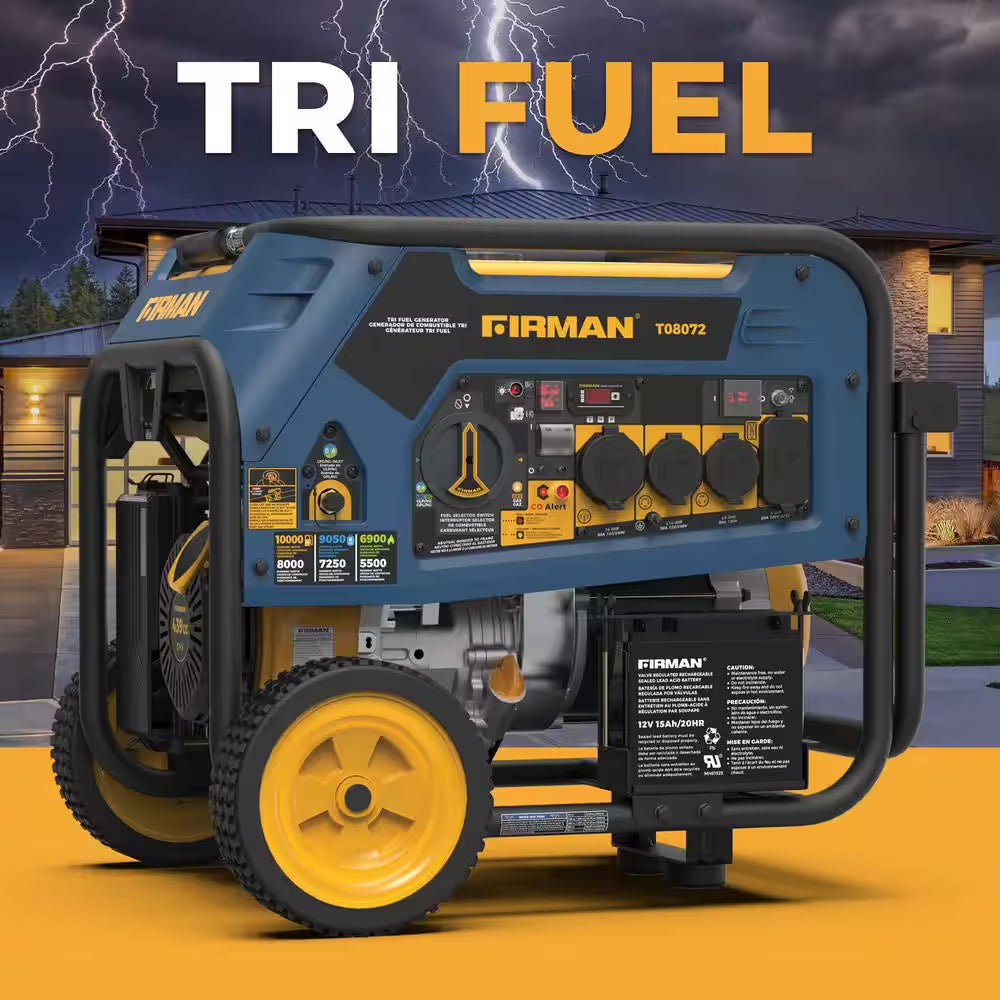 10,000-Watt/8,000-Watt Tri-Fuel Portable Generator with Electric Start, Transfer Switch Outlet and CO Alert Technology