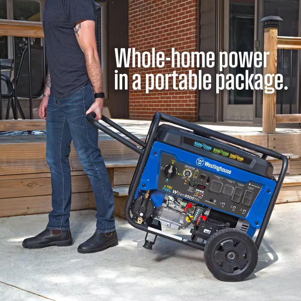 12,500/9,500-Watt Tri-Fuel Gas, Propane, Natural Gas Powered Portable Generator with Remote Electric Start, 50A Outlet