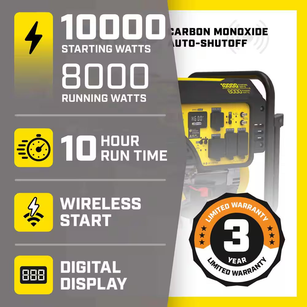 10000/8000-Watt Wireless Remote Electric Start Gasoline Powered Portable Generator with CO Shield